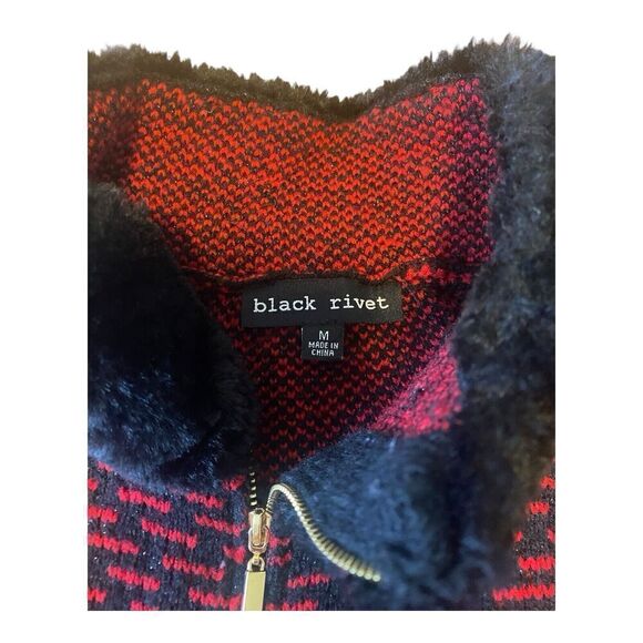 BLACK RIVET WOMENS LONG KNIT BLACK RED ZIP UP SWEATER AUTUMN COAT FAUX FUR~M - Picture 4 of 9